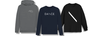 Examples of Scottish Dance Theatre clothing featuring a grey hooded sweatshirt with the Scottish Dance Theatre logo, a long sleeved tee with "Dance" printed on the front, and a black long sleeved sweatshirt with the Scottish Dance Theatre logo.