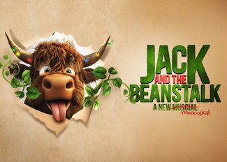 A cheerful cartoon cow with shaggy fur, colorful lights on its horns, and a tongue sticking out bursts through a torn paper background surrounded by green vines. The title is displayed to the right in bold green and red text, with the word 'musical' humorously crossed out and replaced with 'mooosical' in red. The background has a textured beige appearance.