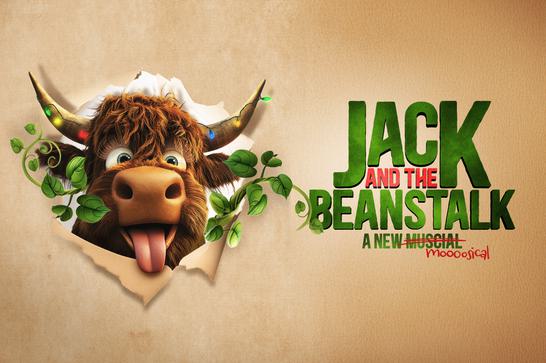 A cheerful cartoon cow with shaggy fur, colorful lights on its horns, and a tongue sticking out bursts through a torn paper background surrounded by green vines. The title is displayed to the right in bold green and red text, with the word 'musical' humorously crossed out and replaced with 'mooosical' in red. The background has a textured beige appearance.