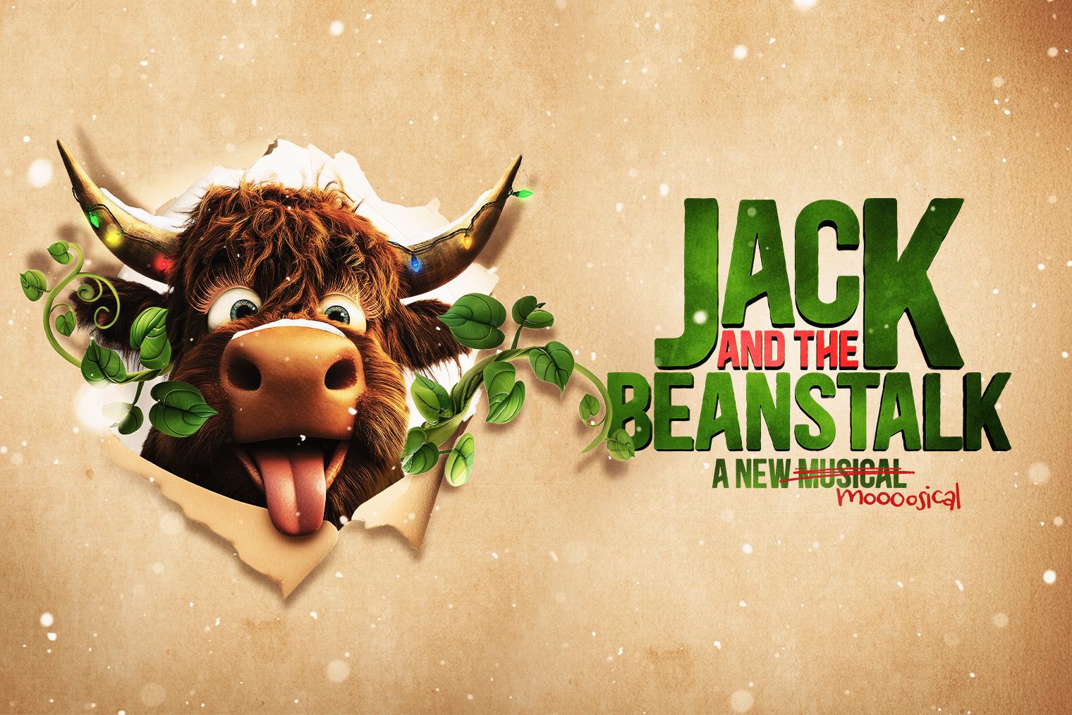 A cheerful cartoon cow with shaggy fur, colorful lights on its horns, and a tongue sticking out bursts through a torn paper background surrounded by green vines. The title is displayed to the right in bold green and red text, with the word 'musical' humorously crossed out and replaced with 'mooosical' in red. The background has a textured beige appearance.