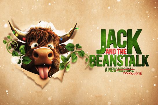 A cheerful cartoon cow with shaggy fur, colorful lights on its horns, and a tongue sticking out bursts through a torn paper background surrounded by green vines. The title is displayed to the right in bold green and red text, with the word 'musical' humorously crossed out and replaced with 'mooosical' in red. The background has a textured beige appearance.