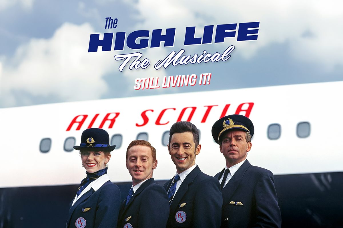 The High Life cast featuring Alan Cumming, Forbes Masson, Siobhan Redmond and Patrick Ryecar standing in front of an aeroplane