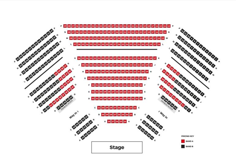 An organized display of Dundee Rep Theatre's seating structure, showcasing a stage at the bottom, and seats color-coded in red and black. Red seats denote band A seats and black seats denote band B seasts.