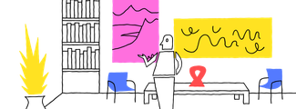 A image depicting a therapy room with a person in a illustrated setting with abstract art pieces, a table with geometric designs, and a whimsical representation of a plant in a vase.
