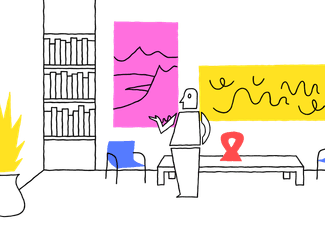A image depicting a therapy room with a person in a illustrated setting with abstract art pieces, a table with geometric designs, and a whimsical representation of a plant in a vase.