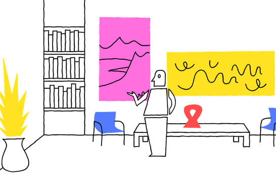 A image depicting a therapy room with a person in a illustrated setting with abstract art pieces, a table with geometric designs, and a whimsical representation of a plant in a vase.