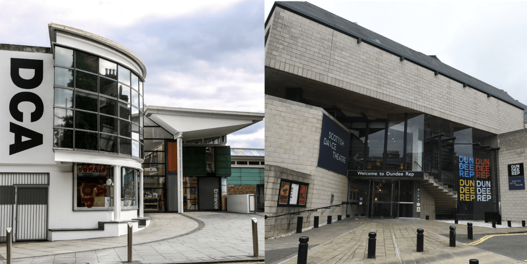Two images side by side of the front of two buildings, one of DCA and one of Dundee Rep