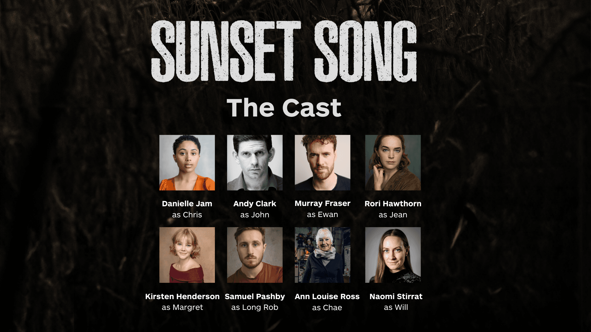 Promotional image for "Sunset Song" showing headshots of the cast members with their character names