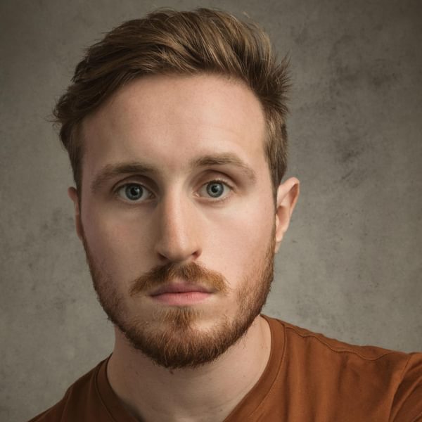 Headshot of Samuel Pashby, a man wearing a brown tshirt with light brown hair, moustache and beard